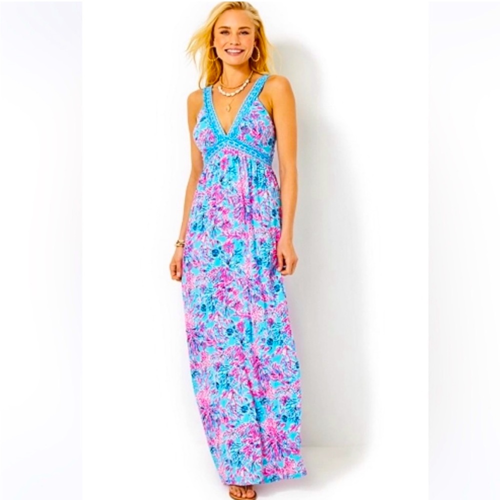 💗🏝️ Lilly Pulitzer Serena V Neck Maxi. Celestial Blue Seek and Sea Size 8 EUC!
